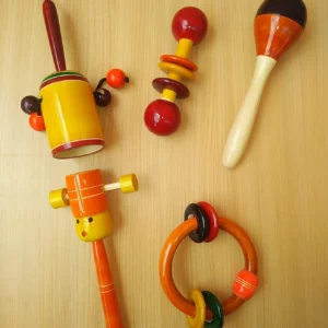 Wooden Rattles Toys Set for Baby, Infants, New born Babies ( 0+ Years) - Set of 5 - Multicolor - Discover Sounds
