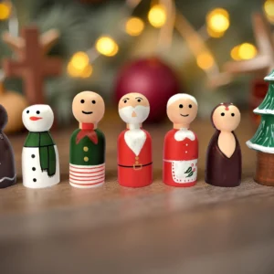 Wooden Christmas Peg Doll Figurines Set of 7 – Handcrafted Holiday Decor (Santa, Snowman, Tree, Gingerbread) – Non-Toxic, Eco-Friendly & Home Decor